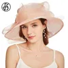 FS Beige blanc Organza large bord soleil chapeaux pour femmes été église chapeaux femmes élégant Kentucky Derby chapeau dames grand arc Fedora CX202931083