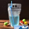 100 Pieces, 450 ml New Design Plastic Drink Packaging Bag Pouch for Beverage Juice Milk Coffee, with Handle and Holes for Straw