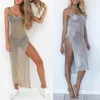 Kvinnor Sexig sommarsolkräm Sheer Mesh Bikinitäckning Metallic Enfärgad Rygglös hög slits Beach Club Party Ärmlös klänning