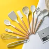 Ustensiles 11pcs silicone Set de cuisine Batterie de cuisine résistante à haute température anti-adhésive poignée en bois Spatule cuisson outils avec boîte de rangement