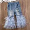 Mała dziewczynka letnia odzież maluch dziecięce dla dzieci ubrania siatkowe koronkowe topy koszula ruffle dżinsowe spodnie 2pcs stroje 16T H8104926