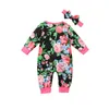 Kinderkleding Meisjes Bloemen Jumpsuits Baby's Button Lange Mouw Romper + Pasgeboren Hoofdbanden 2 stks / sets Boutique Toddlers Kleding Sets M2410