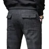 Plaid byxor män 2020 Summer Business Dress Slim Fit Skinny Trousers Man Cheap Clearance Casual Stretch Vintage Black Work Pants