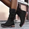 2020 New Winter Boot Women Retro Shoe Leather Boot Vintage Rivet Round Toe Lace-Up mid-calf Boots zapatos Plus Size