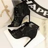 Spring Summer Women Boots Sandals Woman High Heels Pump Breathable Mesh Pointy Toe Zip Short Ankle Pumps Shoes Thin Heel