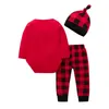 2020新しいクリスマスの赤ちゃん格子縞の服セット長袖レタープリントロンパーストップ+ストライプのズボン+帽子3pcs /セットカジュアルキッズ衣装M2281
