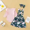 Herfst Kinderkleding Baby Meisjes Effen Lange Mouw Romper + Floral Jarretel Rok + Hoofdbanden 3 stks / set Outfits Zuigelingen Kleding Sets M2417