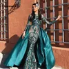 Elegant Muslim Green Long Sleeves Evening Dresses With Detachable Train Sequin Bling Moroccan Kaftan Formal Party Gown228h