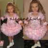 Różowy Glitz Girls Pageant Dresses 2021 Niemowlak Toddler 3/4 Rękaw Koraliki Kryształ Rhinestone Ruffles Cupcake Flower Girl Girls Sukienka
