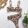 Sexy Swimwear Women Bikini Swimsuit Leopard Bandagem Push Up Monokini Monokini Banho Ternos de Banho Cola High