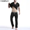 INCERUN Patchwork Men's Sets Homewear Short Sleeve V Neck T Shirt Pants Bodybuilding Workout Men Suit Casual Pajamas Sets S-5220S