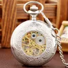 Steampunk Antique Watches Cassa in oro rosa/argento Hollow Out Orologio da taschino unisex Scheletro Carica manuale Orologio meccanico FOB Catena pendente