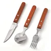 Trähandtag Rostfritt stål Väskor Gaffelkniv Sked Naturligt bestick Barbar Western Food Cutlery Porslin Set HHA1449