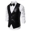 Glänsande Royal Blue Sequin Dress Västar Män Slim Fit V Neck Glitter Tuxedo Waistcoat Mens Bröllopsfest Steg Prom Vest med Bowtie