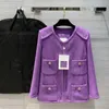 Women's Wool & Blends 2021 Luxury High-end Retro Purple Jacket Women O-neck Pocket Chain Decoration Elegant Ladies Tweed Coat Jackets Print