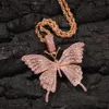 2021 nouvelle mode rose couleur diamant glacé cubique zircone pierres rempli papillon pendentif or argent hommes Hip Hop bijoux