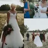 New Cheap Country Style Wedding Dresses Sheer Scoop Neck Illusion Appliques A-line Plus Size Open Back Sweep Train Wedding Bridal Gowns