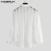 Fashion Lace Shirt Men Sexy Breathable See Through Nightclub Party Dress Shirts Men Button Mesh Long Sleeve Blouse S-5XL INCERUN267U