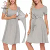 Women's Faux Wrap Pregnancy dress Maxi Maternity Dress with Tie Belt Short Sleeve Plus size Nursing Solid Clothes Homewear