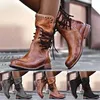 2020 NIEUWE WINTER BOOT VROUWEN RETRO SCHOON LEDERING BOOT VINTAGE RUIME RUIME TOE VATE-UP MID-KALF BOOTEN ZAPATOS PLUS MAAT