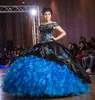 Vintage bleu Quinceanera mexicain broderie satin organza volants niveaux doux 16 Robe 2020 de l'épaule Corset Retour Robe Party