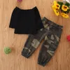 Moda Outono Crianças Bebé Roupas Conjunto Preto Manga Longa Off Shirt Tops + Camuflagem Bolso Calças De Carga Roupa 1-6y