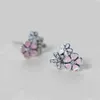 Pink flowers Stud Earrings Beautiful Women Girls Gift Jewelry with Original box for Pandora 925 Sterling Silver CZ diamond Earring set