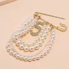 Women Rhinestone Number Brooch Pearl Tassel Chain Brooch Suit Lapel Pin Fashion Jewelry Accessories for Gift Party