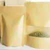 9x14cm 100pcs / parti x Brown Standing Kraft Paper Ziplock Väskor med matt klar fönster-återanvändbar blomma Teabag Storage Sachet, kaffeböna pack