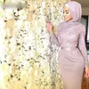 Dark Pink Muslim Evening Dresses Satin Appliques Long Sleeves With Scarf Islamic Dubai Saudi Arabic Long Prom Evening Gown
