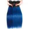 Ombre 3 Bundles T1B dritto pre-colorato / Tessuto di capelli umani brasiliani con radici blu