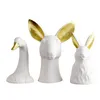 Weiße Keramik-Schwan-Kaninchen-Reh-Figuren, Tierkopf-Skulptur mit goldenen Ohren, nordische Vase, Heimdekoration, Ornament