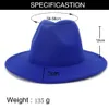 2020 Blue Yellow Patchwork Womens Classic Wide Brim Floppy Panama Hat Bälte Buckle Decor Wool Felt Jazz Fedora Mössor för festival