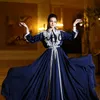 Azul marinho Kaftan Caftan marroquinos Vestidos Formais 2021 Lace Bordados manga comprida árabe muçulmano Prom Dress Moda