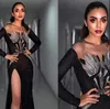 Robe de soirée Yousef aljasmi Kim kardashian Sirène Noir Manches longues Perles de cristal fendues Cristaux de perte Zuhair murad Ziadnakad 0017