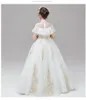 2021 First Holy Communion Robes High Neck Ivory Ivory Tulle Gold Broidered Boho Sleeves Flower Gilr Robe pour le mariage Back