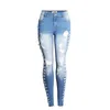 Frauen Jeans Mode Streetwear Skinny Bleistift Hosen Seitenloch Riss für Frauen Mid High Taille Frau Gebleichter Himmel Blau Plus Größe