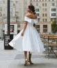Simple Tea-length short Wedding Dresses v neck Off the shoulder White Ivory Satin A-line Short Bride Gowns Beach Back Laing Wedding Gown