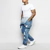 Män jeans försäljning mode män rippade fickor övergripande denim hip hop jumpsuit hög rak gata jumpsuits streetwear