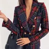 Misswim Elegant Tweed Röd Plaid Blazer Kvinnor Höst Vinter Dubbelbröst Blazer Coat Kvinna Fashion Office Ladies Outwear Ny