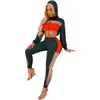 Mesh Patchwork Color Black Tracksuit Women Casual Long Sleeve Crop Top With Cap Pants Set Suit Female Sport Set1