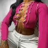Patchwork Lace Up Manga Longa Crop Tops Mulheres Ribbed Party Party Knitwear T-shirt Hollow Out Bodycon Club Tie Top