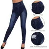 Fashion Slim Donne Leggings Plus Size Faux Denim Jeans Tasca lunga stampa da tasca estate Pantaloni a matita casual1