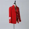 Men's Stand Collar Chain Button Red Blazer Court Coat Bar Nightclub Punk Style Singer Guest Stage Show Costume Evening Party Host Slim Blazer S-3XL