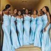 2020 Sky Blue Satin Bridesmaid Dresses Long Different Style Mermaid maid of honor dresses beaded wedding party dresses vestidos de novia