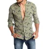 Camicie casual da uomo Camicia di lino stampata con uccelli per le donne Colletto alla coreana Manica corta Estate Camicetta bianca maschile 2021 Abbigliamento da uomo