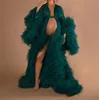Grön illusion ruffles tyll långärmad kvinnor vinter sexig kimono gravid party sömnkläder kvinnor badrock ren nattklänning robe sha288e