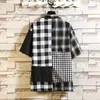 Harajuku Moda Japoński Styl Męskie Krótki Rękaw Koszulki Plaid Mężczyzna Patchwork Summer Streetwear 100% Bawełna Koszula Koszulka Homme