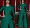 Hunter Green Мусульманские Вечерние платья комбинезон Wear 2021 бисера Пояс с длинным рукавом арабскую кафтан платье выпускного вечера с Pant Suit