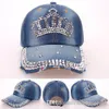 Mode koreanska strass bling krona kepsar justerbar tvättad denim baseball mössor kvinnor cowboy hattar fancy sommar huvudkläder damer su1639172